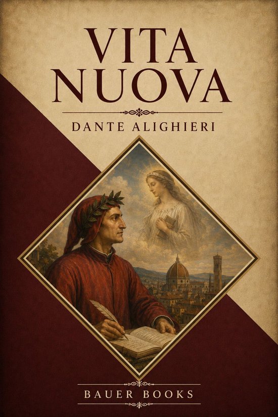 Boekomslag 'Vita Nuova' van Dante Alighieri met een schilderij van Dante met een veer in zijn hand, kijkend naar een vrouw, met de koepel van Florence op de achtergrond.