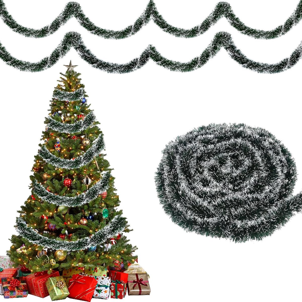 Kerstslinger 10 m Kerstdecoratie Kerstboomdecoratie Dennenslinger met Sneeuw Groen Wit voor Buiten Binnen - ShopVlot
