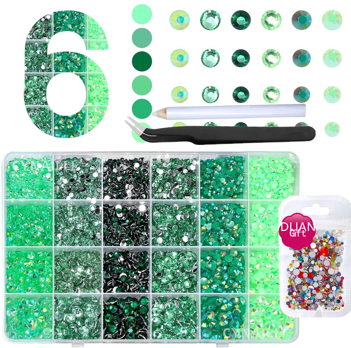 Currero Bedazzle Kit - Bedazzling - Plakstenen - Strass Steentjes - DIY Versieren - Set Met 16.000 Steentjes - Nagel Decoratie - Met Pincet En Applicator - 3/5mm - Groen