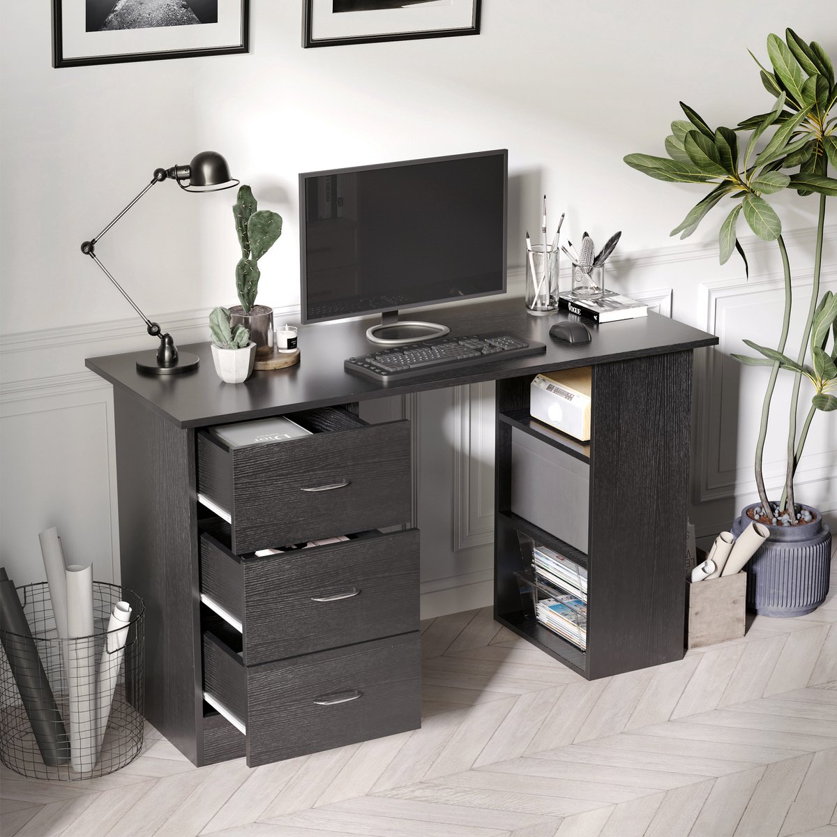 Computertafel met 3 planken en 3 laden - 3 opbergplanken - 3 laden - Geschikt voor slaapkamer en kantoor - 120x49x72 cm - Zwart MDF