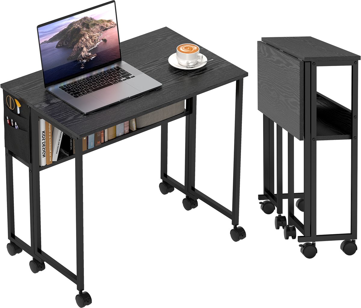 Klapbureau met wielen 80 x 50 cm zwart - Met legplank - Met opbergtas - Vouwbaar - Ruimtebesparend - Gemakkelijk te verplaatsen
