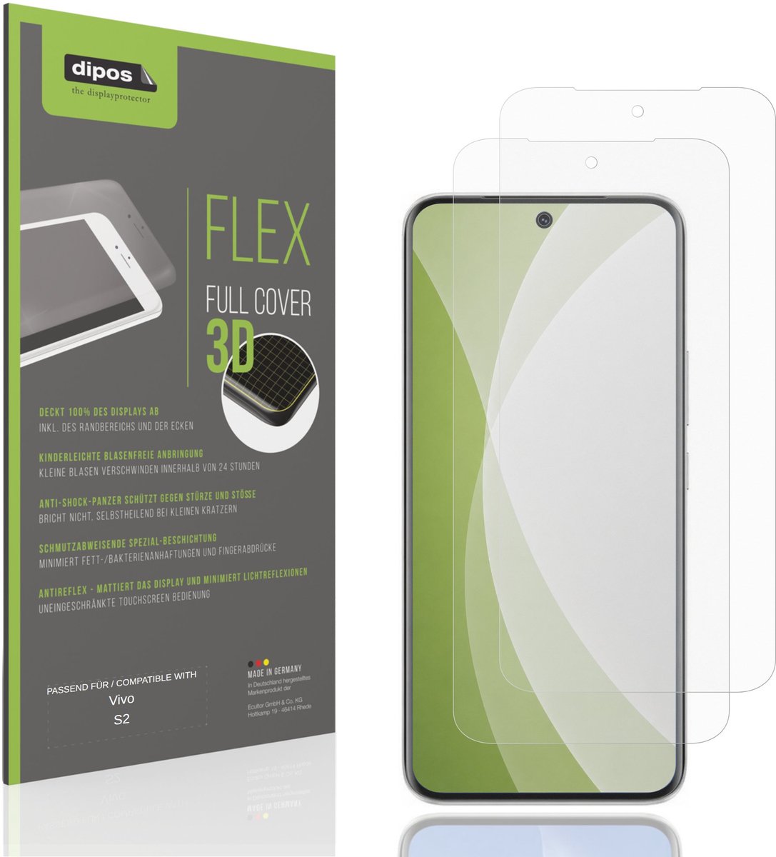 dipos FLEX – 2x Matte Screenprotector geschikt voor Vivo S2 | Volledige Schermbescherming | Case-Friendly