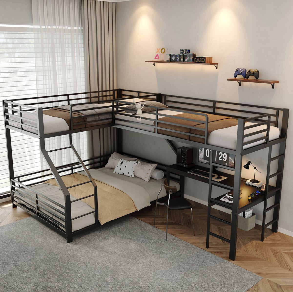 Stapelbed 298 x 204,5 x 175 cm Met Bureau En Dubbele Contactdoos Met Usb En Type C Zonder Matras Voor Slaapkamer En Studie Zwart