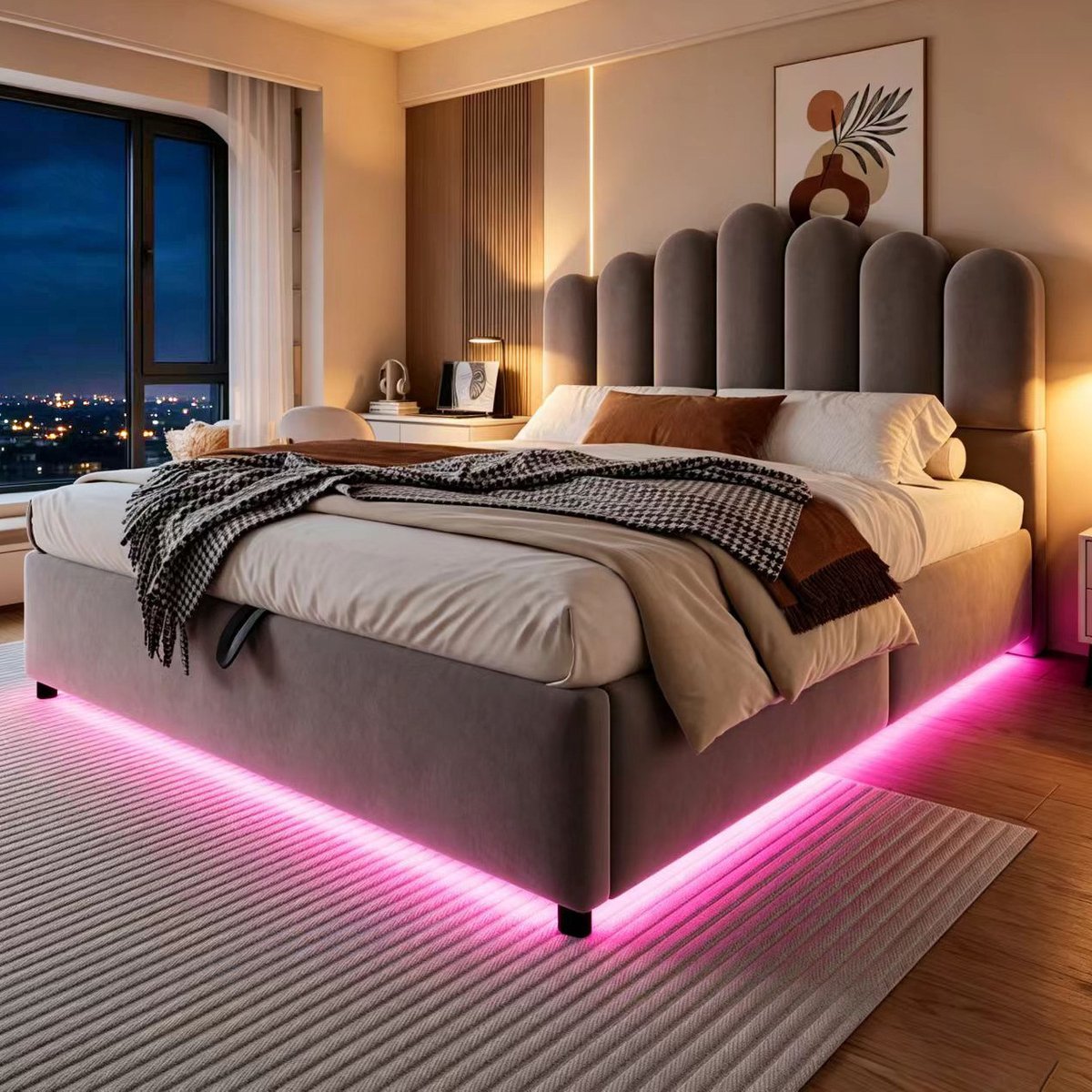 REDOM - Bed - Hydraulische opbergruimte - LED-verlichting - Gepolsterd hoofdbord met thumb-kussens - Moderne stijl - Slaapkamer - Stof - Grijs - 209 x 145,5 x 111 cm