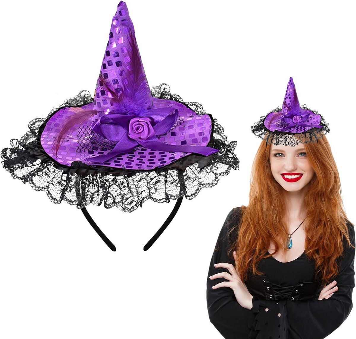 Decoratieve Hoed voor Heks met Kant en Veerstrik - Perfect voor Halloween Kostuums en Cosplay Feestjes