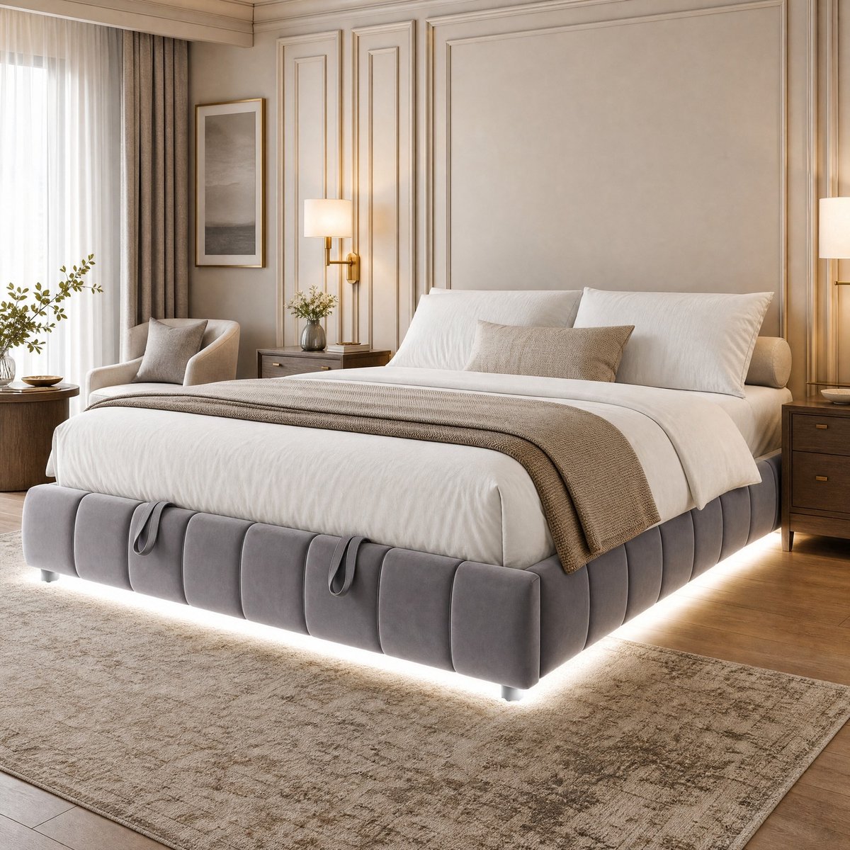 COVREO Bedframe met hydraulische opbergruimte – 180x200 cm – Tweepersoonsbed met LED-strip – zonder hoofdbord – Grijs - zonder matras