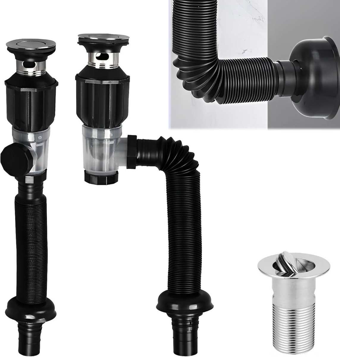 Siphon Set voor Wastafel met Afvoerfitting: Flexibele Afvoerbuis voor Badkamer, Uitbreidbaar van 300-1000 mm, Ideaal voor Wastafels en Gootstenen.