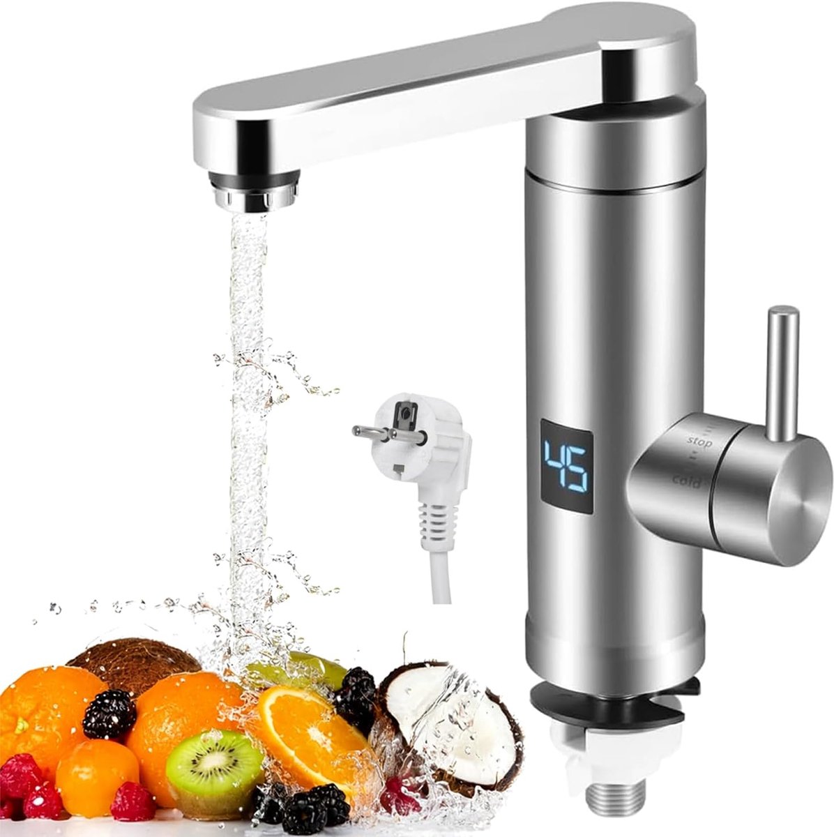 Elektrische waterkraan - roestvrij staal, 220 V, 3000 W, onmiddellijke warme waterkraan met digitaal led-display en 360 graden draaibaar, instelbare temperatuur, verwarmings- en koudwaterkraan