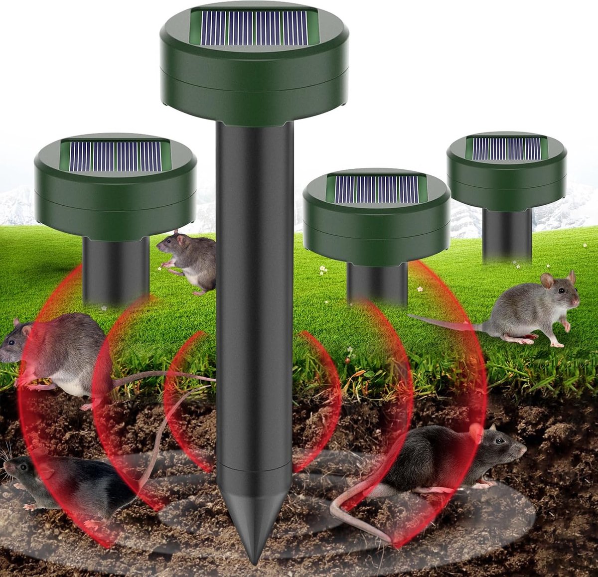 Mollenverjager - ultrasone mollenverjager op zonne-energie, voor gazons en de tuin, voor het verjagen van slang, woelmuis, aardhoorns, ks, hagedissen, snelle resultaten -4 stuks