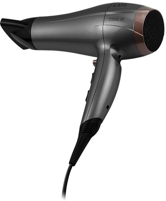 Donkergrijze LAFE haardroger met zwarte accenten en koperkleurige ring, 2200W, met diffuser en smalle mondstuk.
