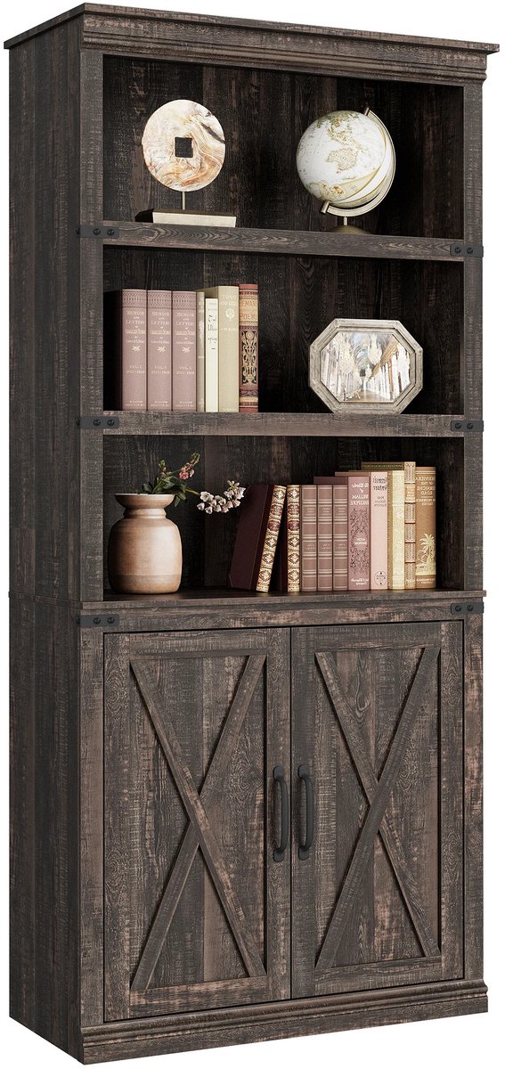 Gudalio Kast - Boekenkast - Opbergkast - Wandkast - Boekenplank - 2 Deuren & Opbergvakken - 175 x 33 x 80 cm - Hoog - Hout - Bruin