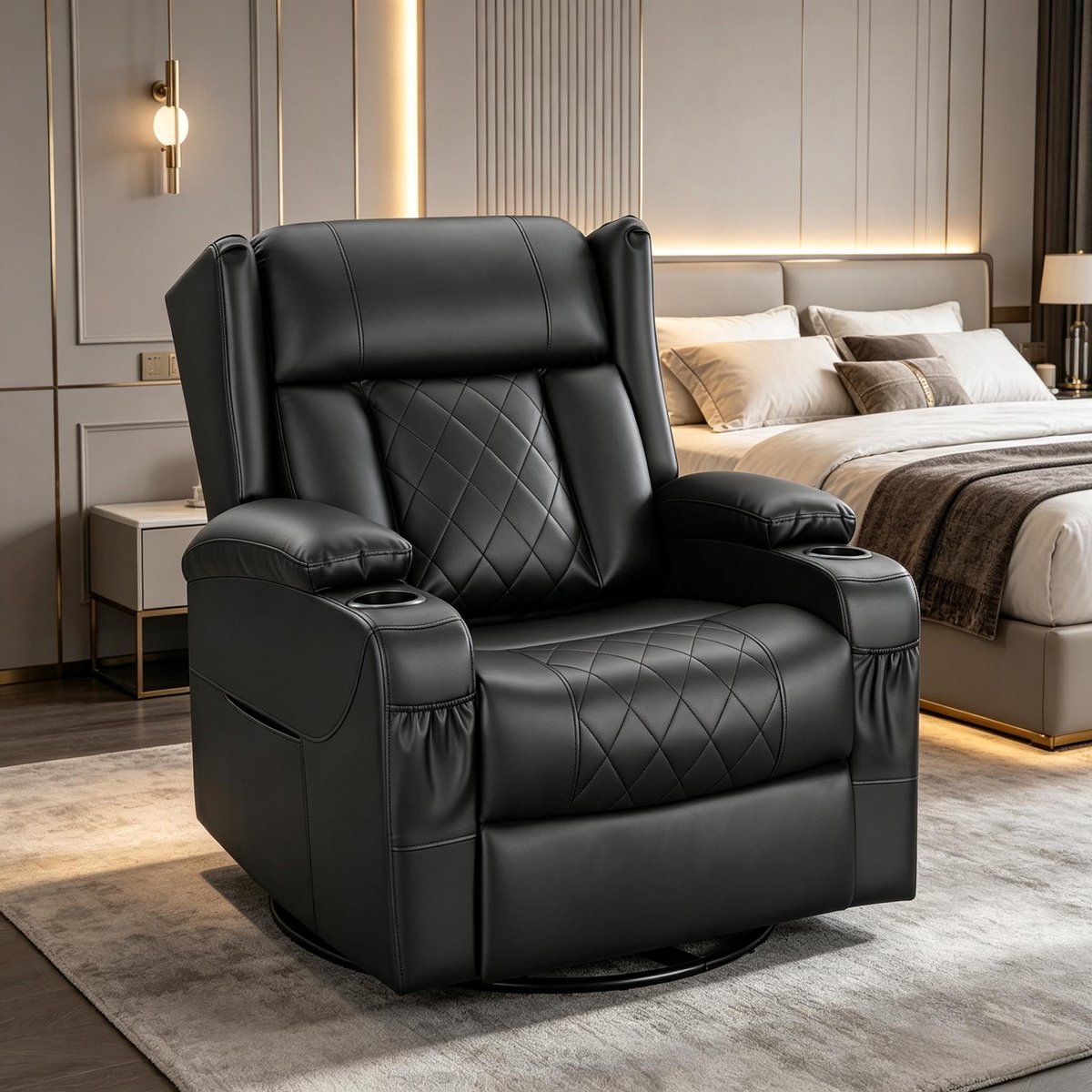 REDOM - Relaxfauteuil - Verstelbare rugleuning en voetensteun - 360° draaibaar - Met armleuningen en bekerhouders - PU-leer - Woonkamer - Zwart - 87 x 94,5 x 103,5 cm
