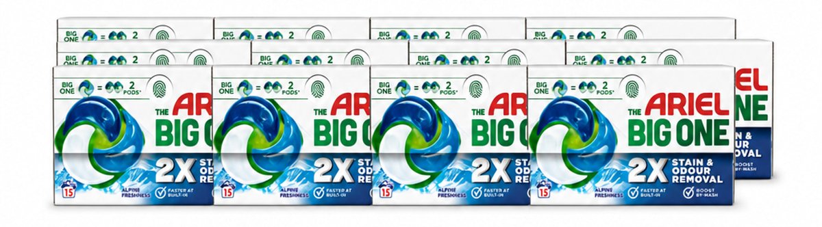 12 x Ariel - 3in1 Wasmiddel Pods - The Big One - Alpine - 15 Pods - Voordeelverpakking - 12 stuks