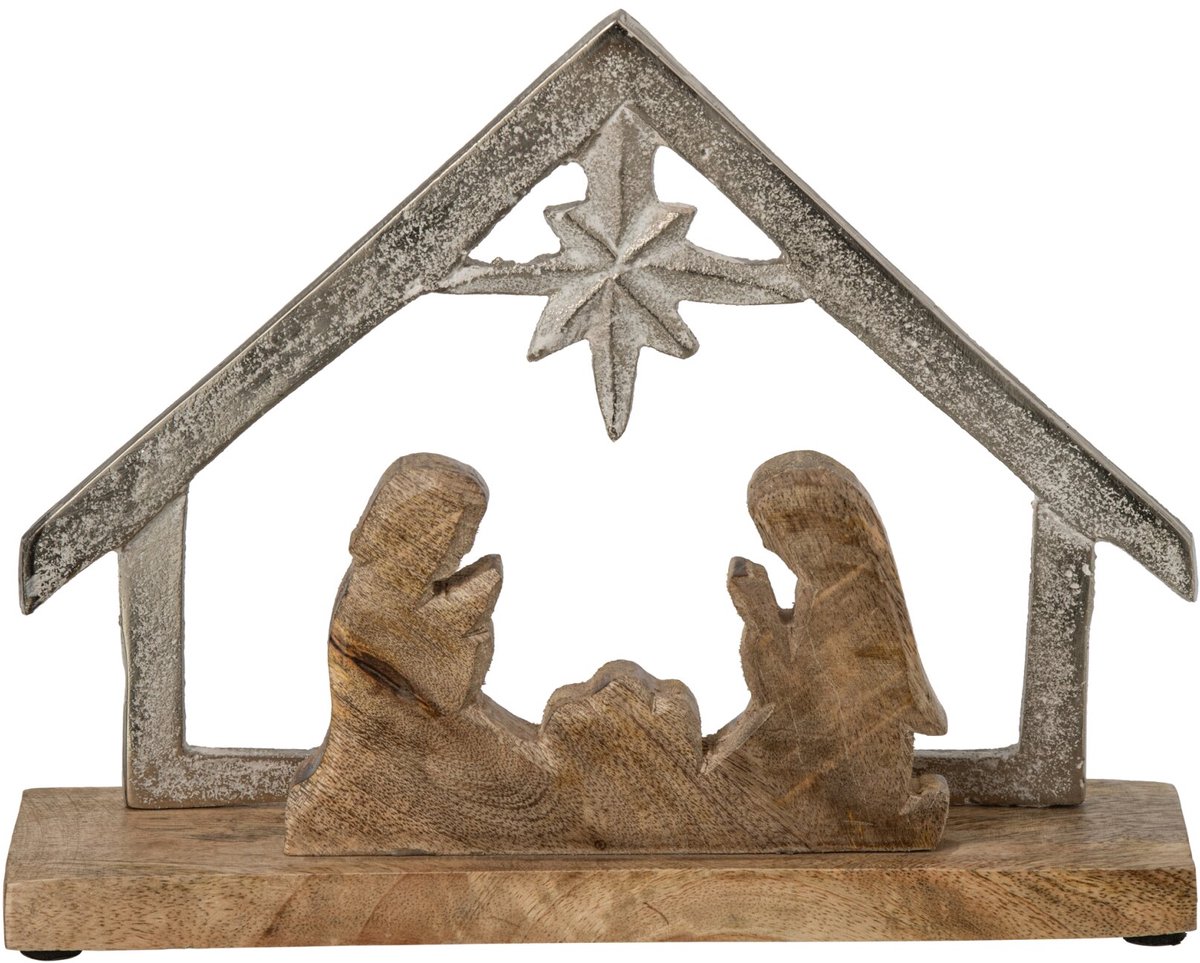 J-Line Kerststal op voet - mangohout - gebroken wit/naturel - small
