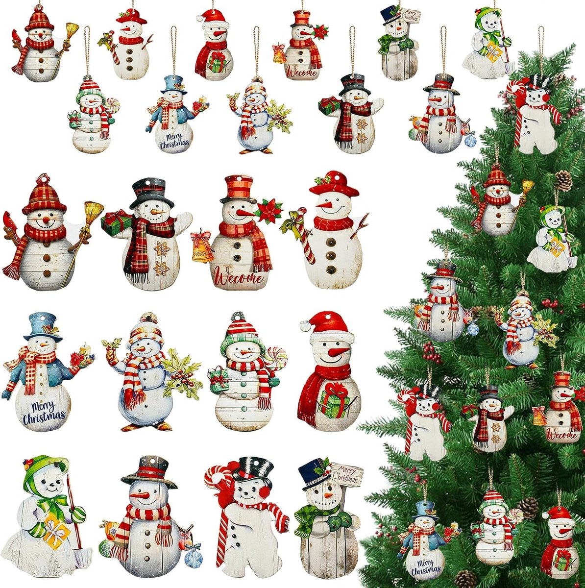 Kersthangers van Hout - 24 Stuks Vintage Ornamenten voor Kerstboom en Feestdecoratie, DIY Decoratie met Koord
