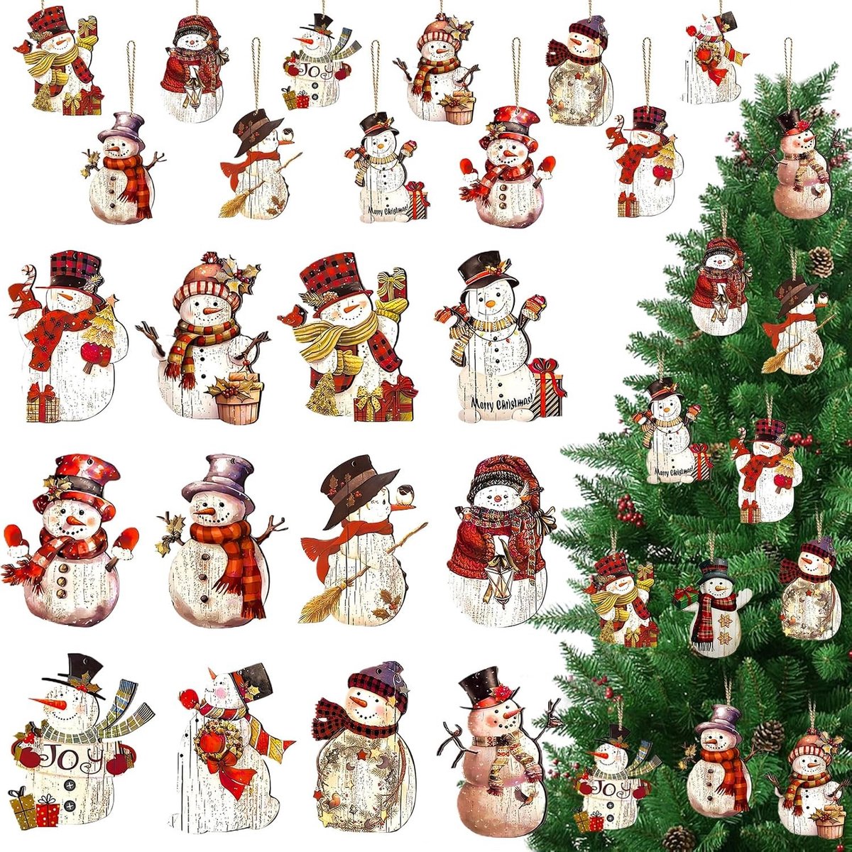 24 Stuks Houten Kerstdecoraties - Vintage Ornamenten voor Kerstboom en Feestversiering, DIY Hanger met Touw