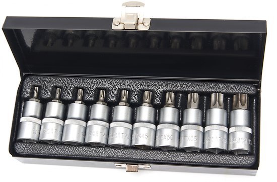 Zwart metalen kistje met 10 zilverkleurige Torx-doppen van chroom-vanadiumstaal.