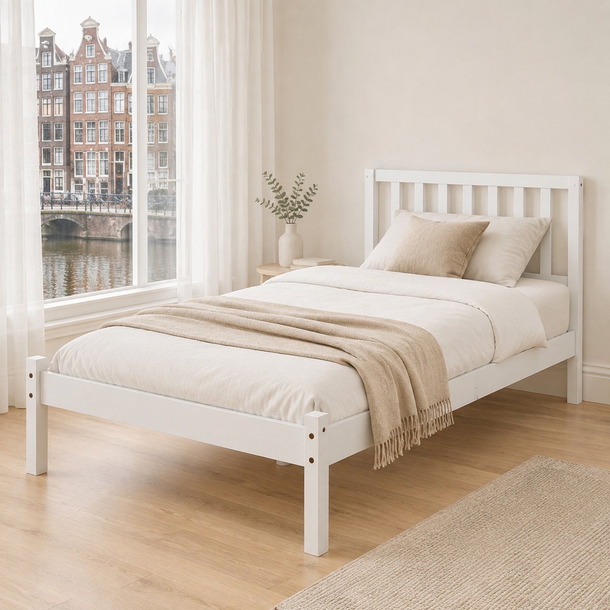 WUVRIE Elegant Einzelbed 208 x 96 cm met Lattenrost & Kopstuk, Holzbett in Wit