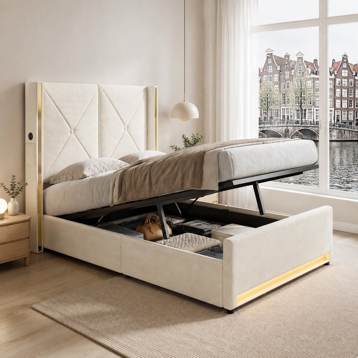 WUVRIE Bed 90x200 cm met opbergruimte, USB/Type-C, LED en hoog gestoffeerd hoofdbord, beige