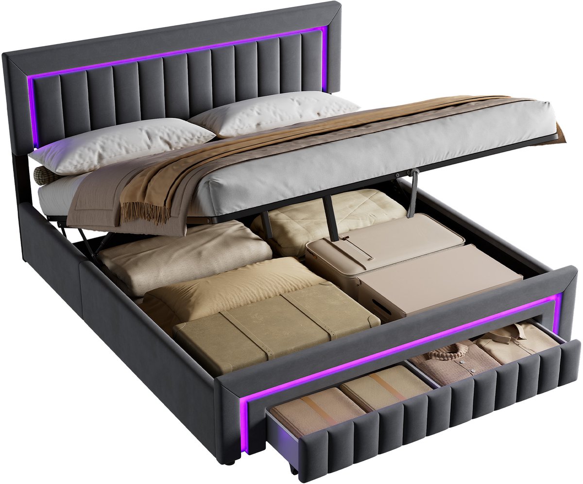 DESMIU Gestoffeerd Bed 180x200cm – Comfortabel Slaapplatform – Ruime Ligoppervlakte – Voor Slaapkamer – Stijlvol – Grijs – Zonder Matras