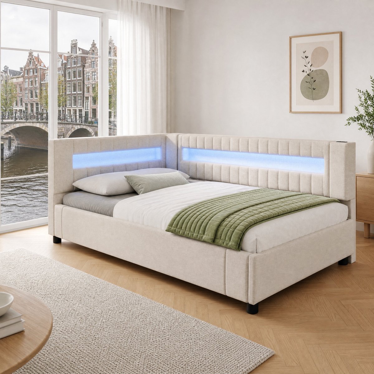 WUVRIE Bedbank 90x200 cm met LED, hydraulische opbergruimte, USB en Type-C, beige