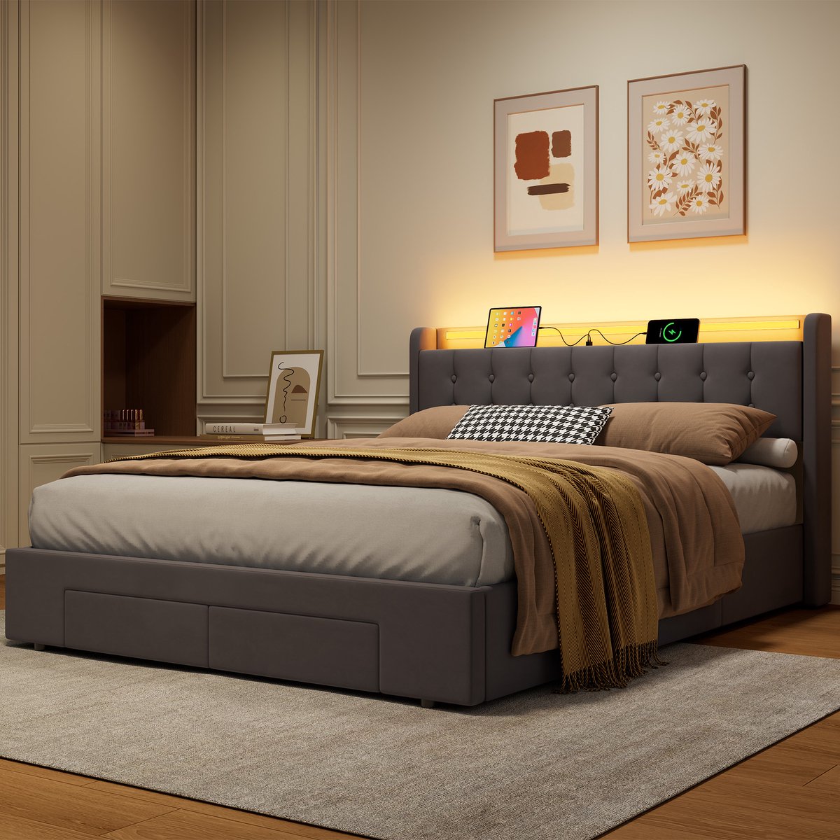 STILVORA Bedframe - Gestoffeerd Met Opbergruimte En Ledverlichting - 160 x 200 cm - Fluweel, Metaal En Hout - Donkergrijs - Met Usb