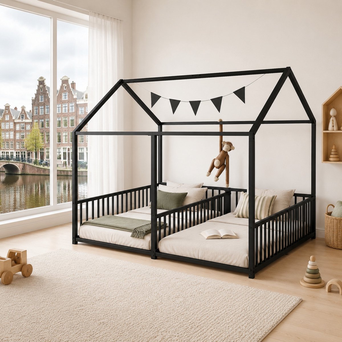 WUVRIE Kinderbed huisvorm 2 x 90x200 cm met uitvalbeveiliging en ladder, metaal, zwart