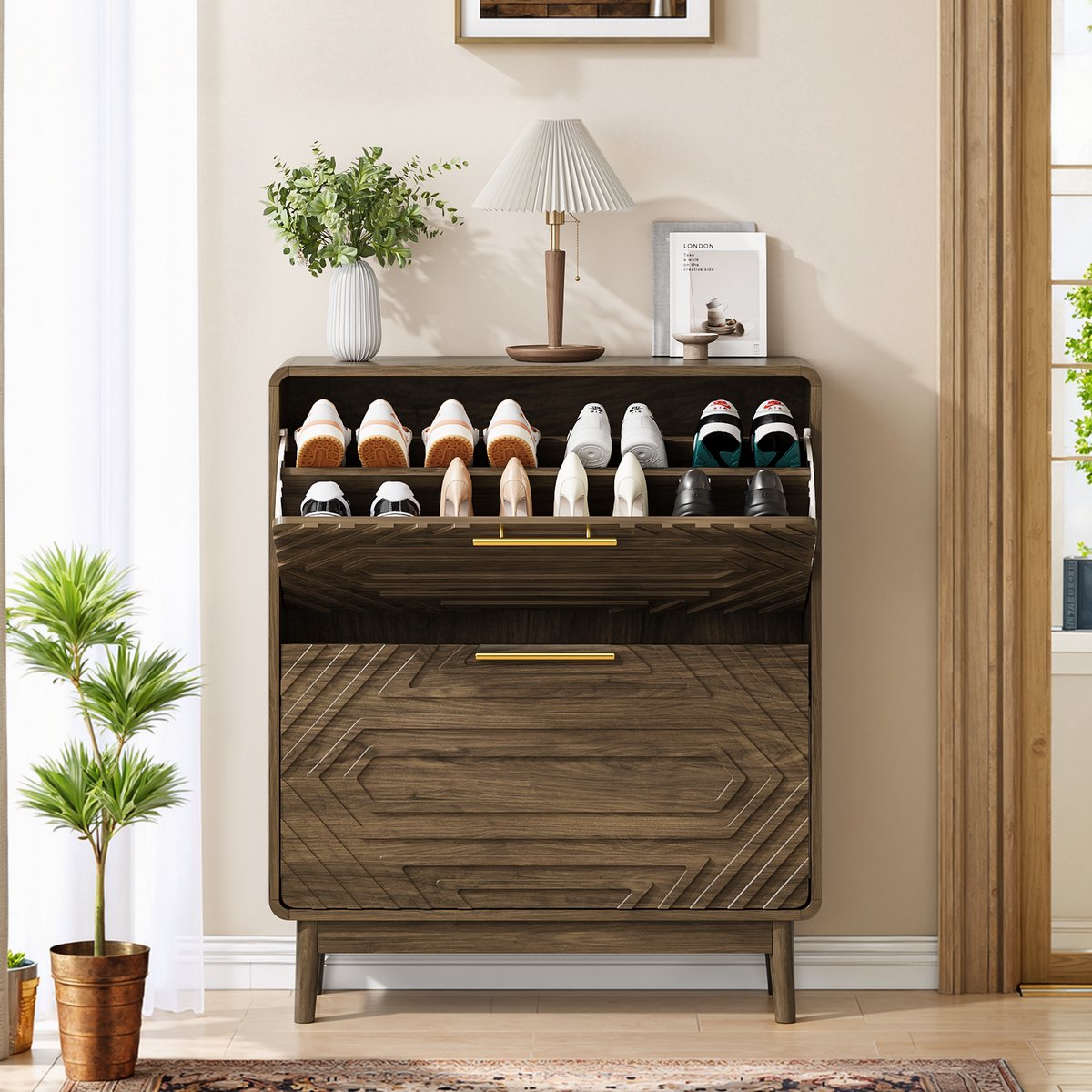 REDOM - Schoenenkast - Geometrisch gesneden fronten - Twee klepfakken met verstelbare scheidingswanden - Open vak onderaan - Modern - Hal en gang - MDF en hout - Walnoot - 95 x 80 x 24 cm