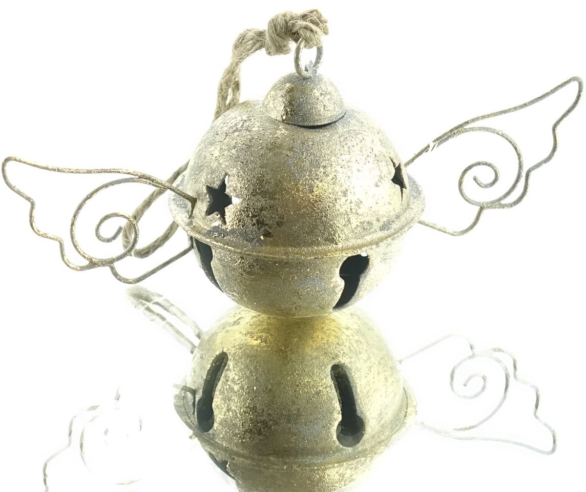Scheulen kerstklok met vleugels champagne metaal Ø 6,5 cm