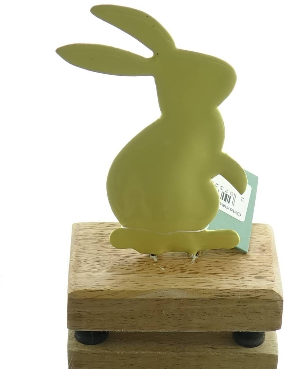 Kaemingk Paashaas Geel op houten voet 11 cm - metaal en hout