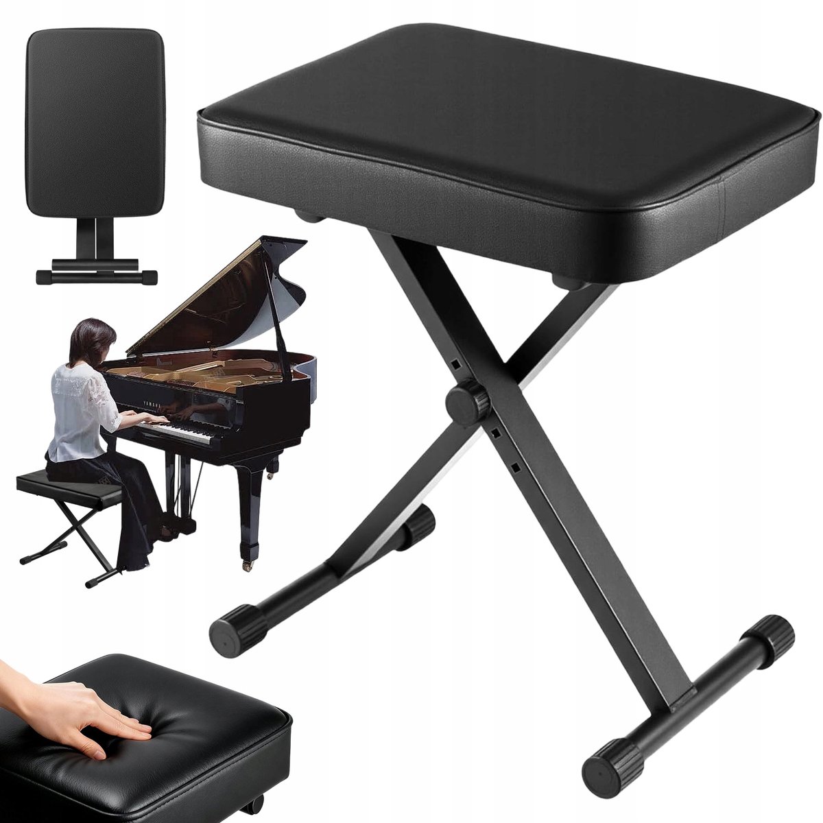 Pianokruk - Pianokrukje Opvouwbaar - Piano Kruk - Keyboard Kruk - 5,5cm Zacht Kussen - 4 Hoogte Standen - Koolstofstaal X-frame - 154kg - Antislip Voetjes - Inklapbaar Pianostoel - Voor Piano & Keyboard & Thuis - Zwart