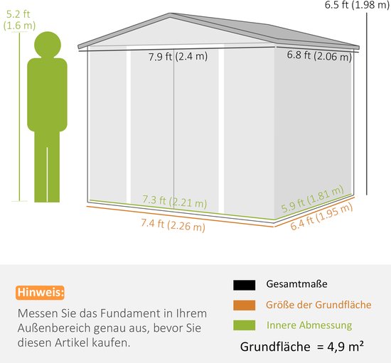 Illustratie van een schuurtje met afmetingen en een figuur van 1,6m. Gegevensoverzicht van de afmetingen.