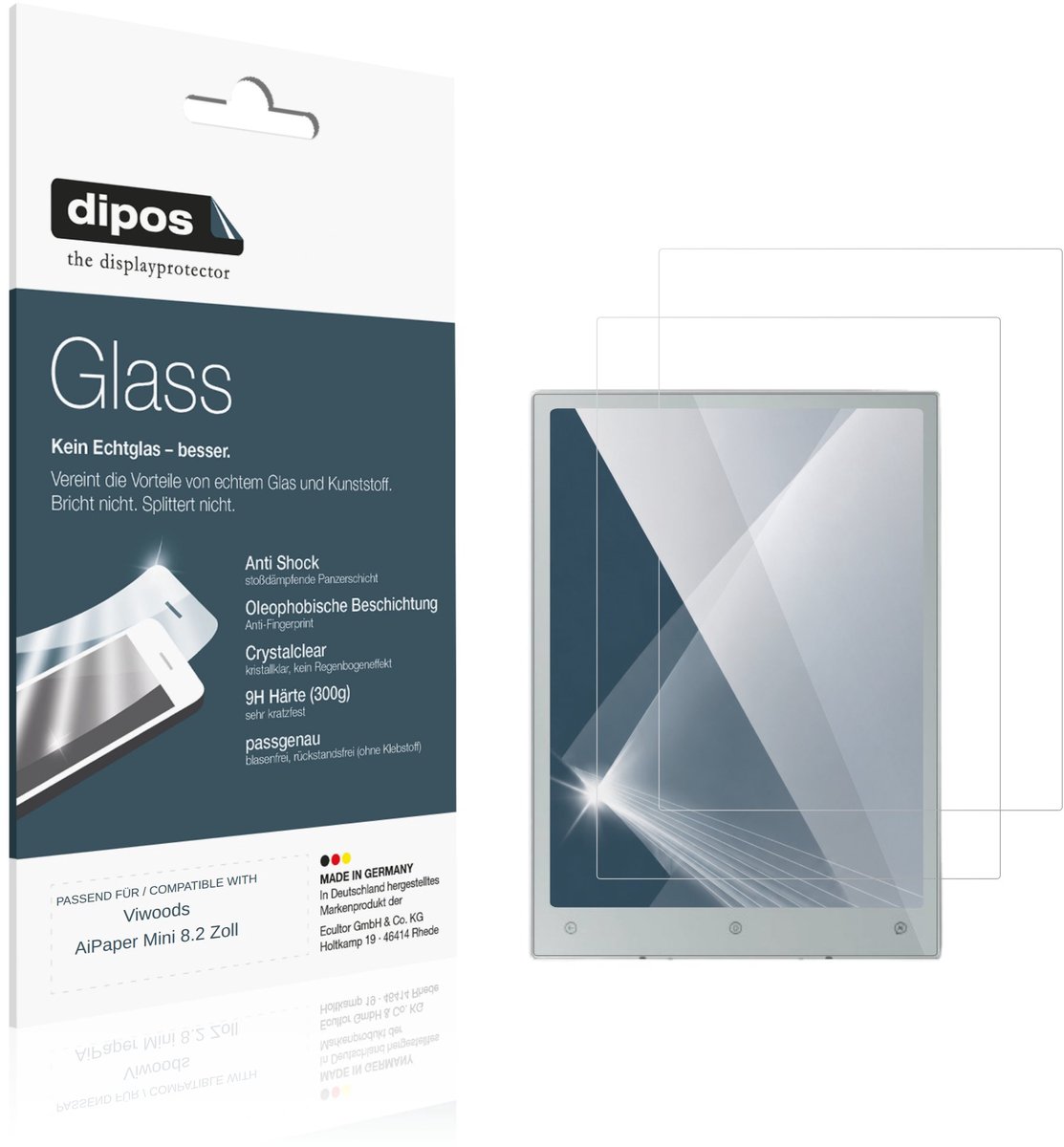 dipos – 2x Pantserfolie geschikt voor Viwoods AiPaper Mini 8.2 Zoll | 9H Screenprotector