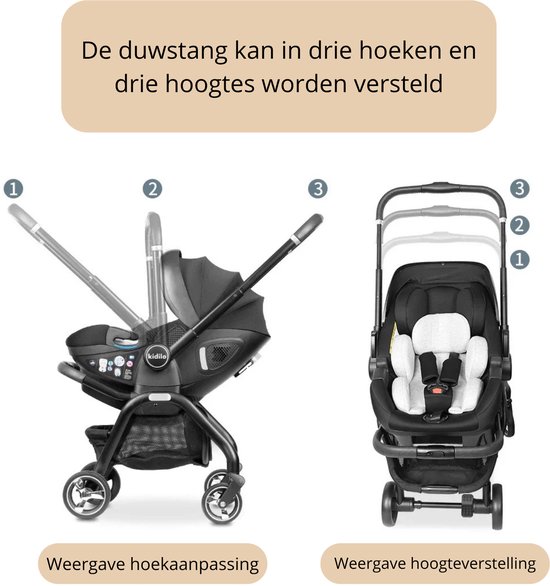 Zwarte kinderwagen met verstelbare duwstang in drie hoeken en drie hoogtes.