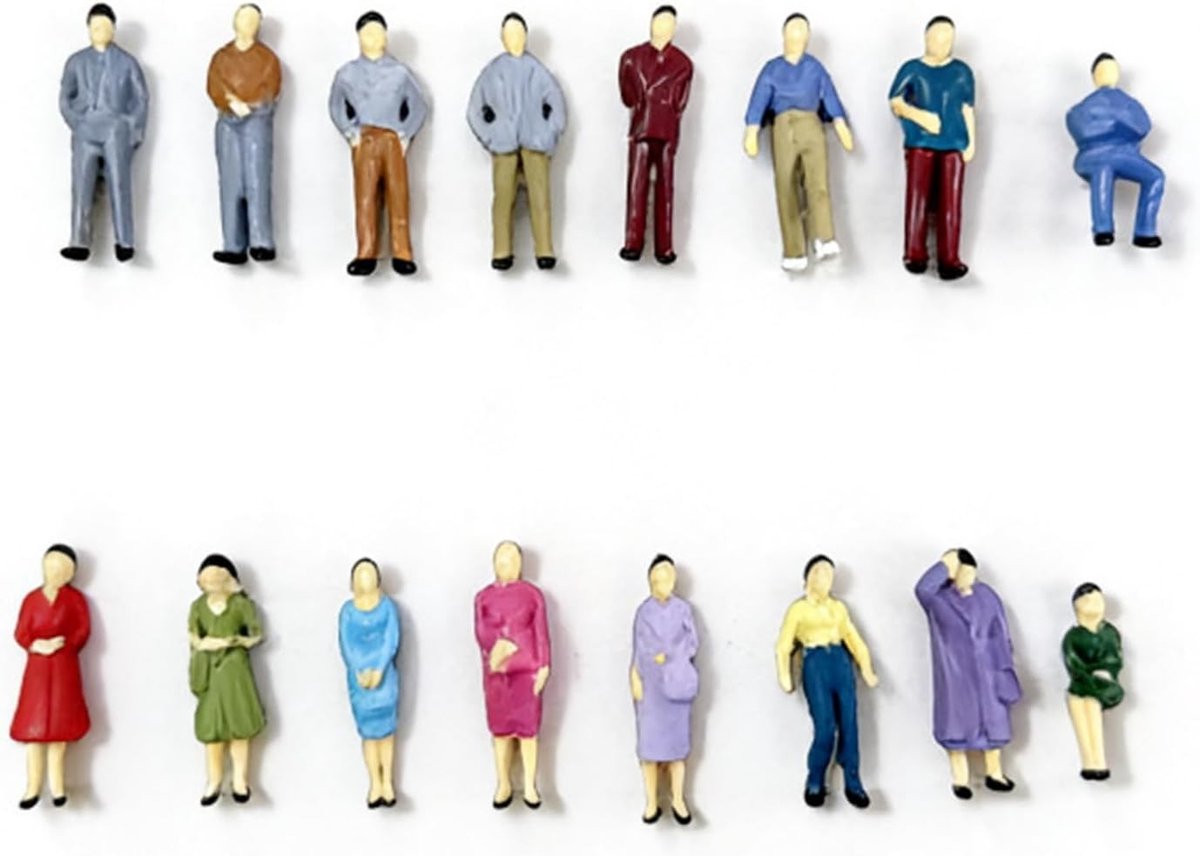 60 Miniatuur Figuren 1:50 Schaal, Kleine Mensen, Diverse Posities voor Modelbouw, Modelspoor en Diorama's, 16 Verschillende Types