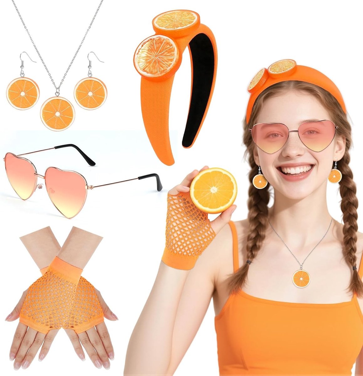 Vijfdelige Set Oranje Fruit Kostuumaccessoires met Hoofdband, Zonnebril, Oorbellen en Handschoenen voor Carnaval en Feestjes