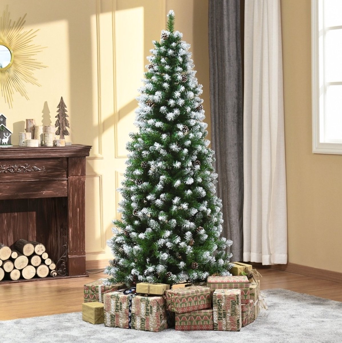 Kunstkerstboom – 180 Cm – 630 Takken En 37 Kegels – Besneeuwde Toppen – Plastic En Metaal – Groen – Voor Sfeervolle Kerstdecoratie