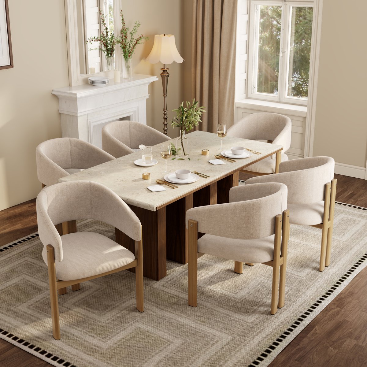 Eetkamerstoel Set Van 6 Met Armleuningen In Houtlook Metalen Onderstel Beige Linnen Voor Eetkamer Woonkamer En Kantoor