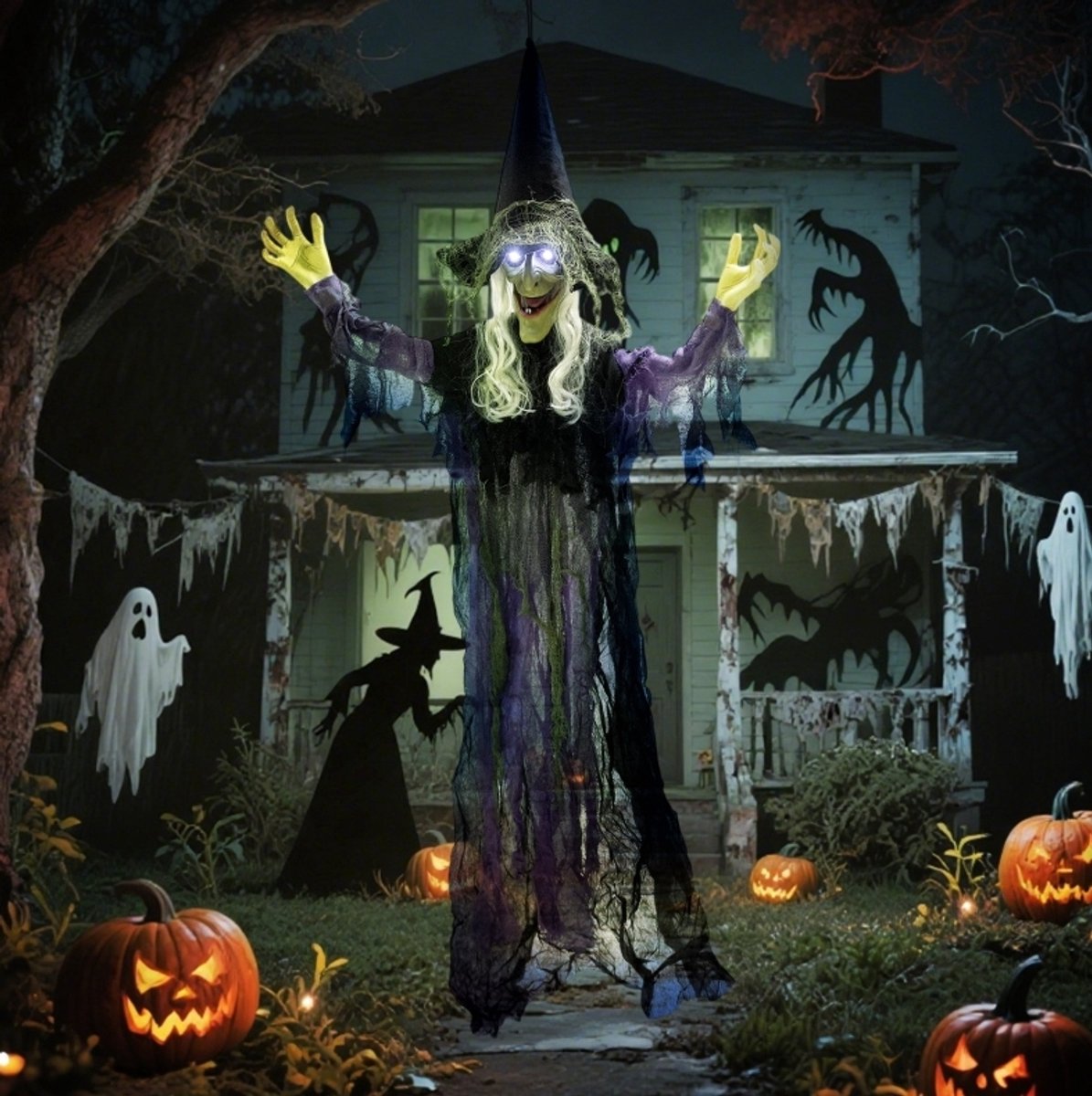 Feestdecoratievoorwerp – Levensgrote Heks Met Led-Ogen En Geluidsactivatie – 80 X 15 X 183 Cm – Staal En Polyester – Paars – Halloween Decoratie