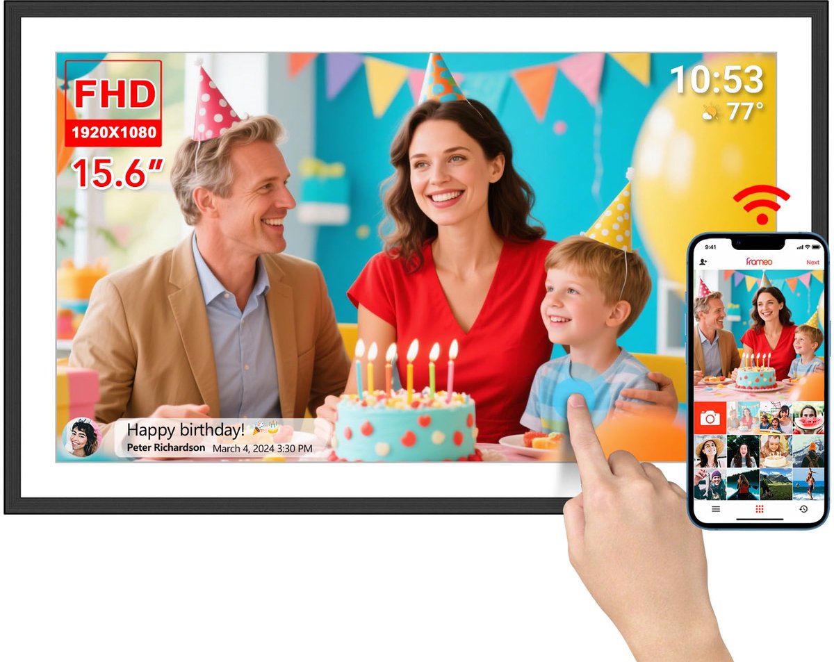 Digitale Fotolijst 15,6 inch – WiFi – Full HD IPS Touchscreen – 32GB Geheugen – Automatische Rotatie – Wandmontage