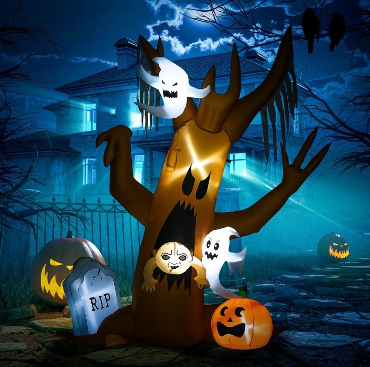 Opblaasfiguur Halloween Geest Met LED Verlichting – 240 Cm Hoog – Polyester – Multicolor – Tuindecoratie Voor Buiten – Zelfopblazend