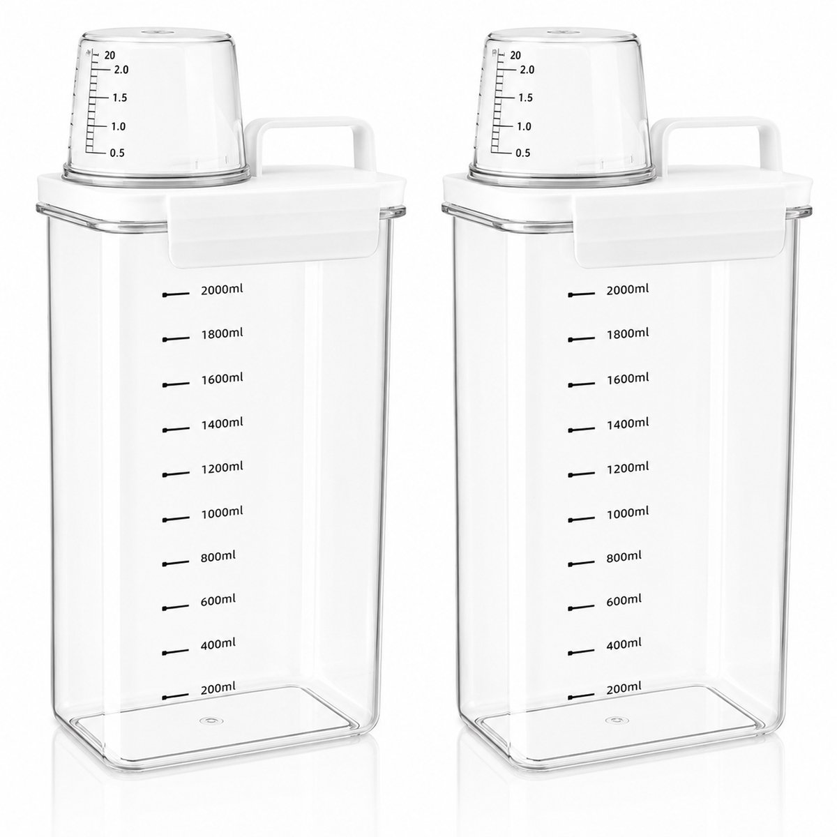 Kaiyaya - 2 stuks wasmiddel opbergdoos - 2300 ml transparant - met deksel en maatbeker - voor waspoeder, vloeibaar wasmiddel en waspods - kunststof met siliconen afdichting