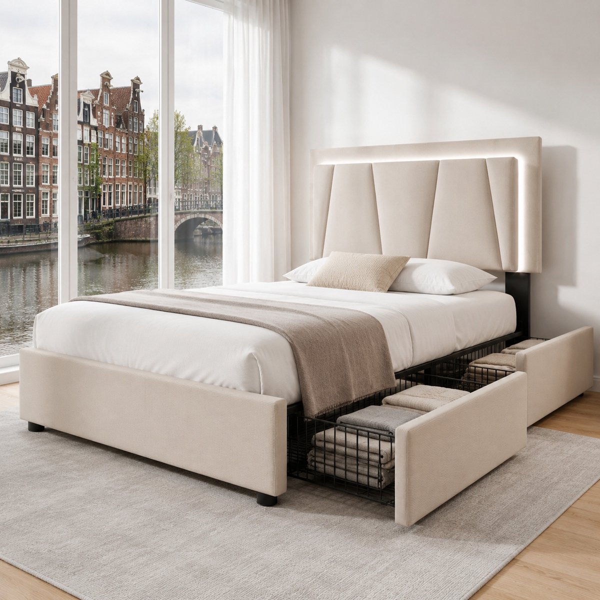 WUVRIE Bedframe 90x200 cm met verstelbaar hoofdbord, LED-verlichting en 2 lades, beige