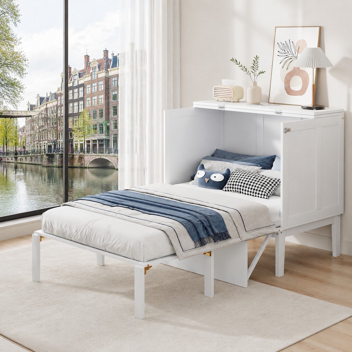 WUVRIE Schrankbett 90x200 cm - Opklapbed met Lattenbodem, Wandklapbed Wit