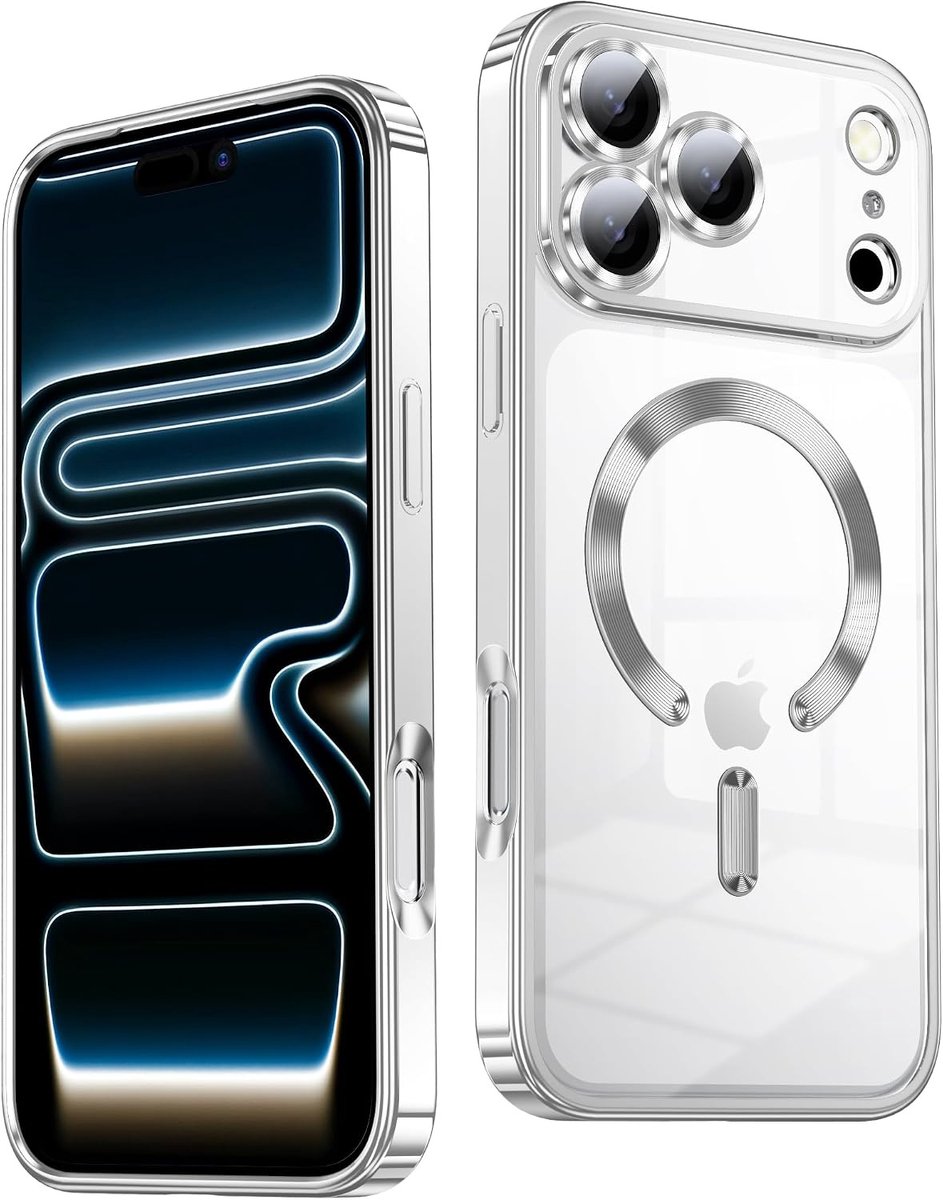 Hoesje Geschikt iPhone 18 Pro Max Hoesje – Transparant/Zilver Hybrid Backcover, MagSafe Compatibel & Verhoogde Camerabescherming – Slank en Stevig - Ntech