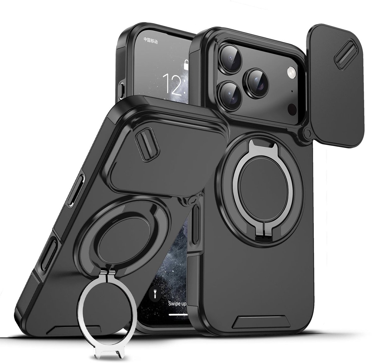 Hoesje Geschikt voor iPhone 18 Pro Hoesje - Zwart Hybrid Armor, Schokbestendig met Ringhouder & Kickstand, Verhoogde Camerabescherming – voor MagSafe - Ntech