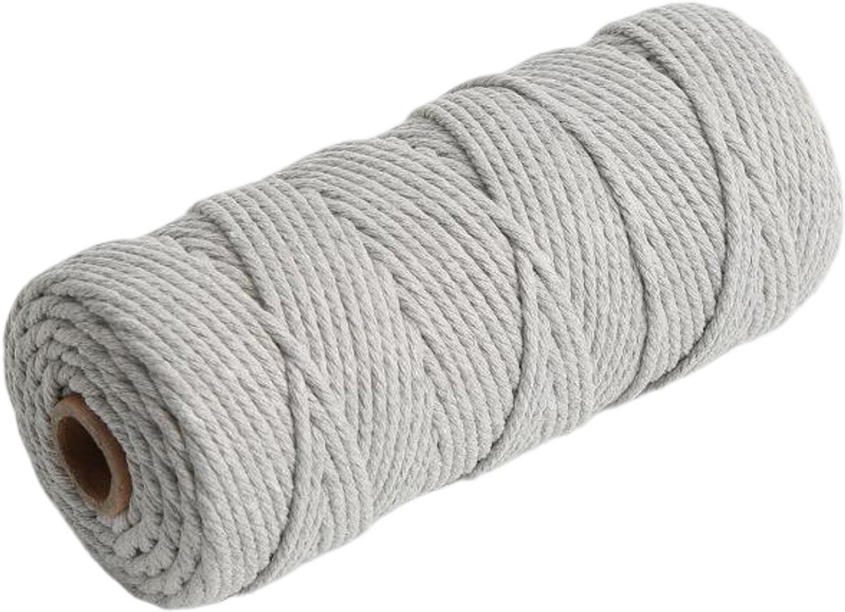 Macramétouw 3 mm x 100 m, natuurlijk katoenen draad voor wanddecoratie, plantenhangers, boho-decoratie,Lichtgrijs