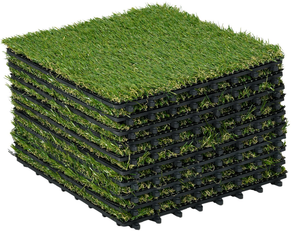 Kunstgras - Natuurgetrouw uiterlijk - Drainagefunctie - 11.000 vezels/m² - 25mm hoogte - 10-delige set 30x30cm, groen