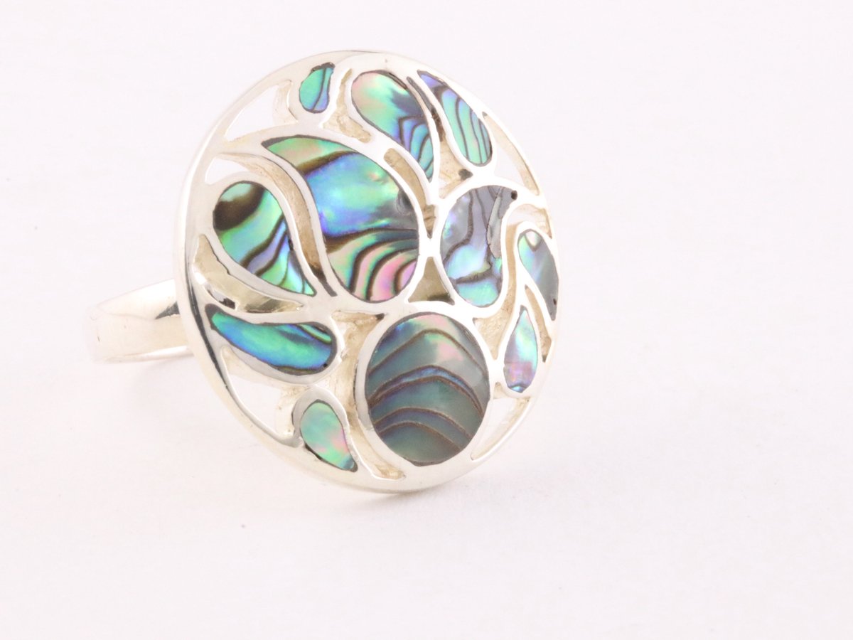 Ronde opengewerkte zilveren ring met abalone schelp - maat 19.5
