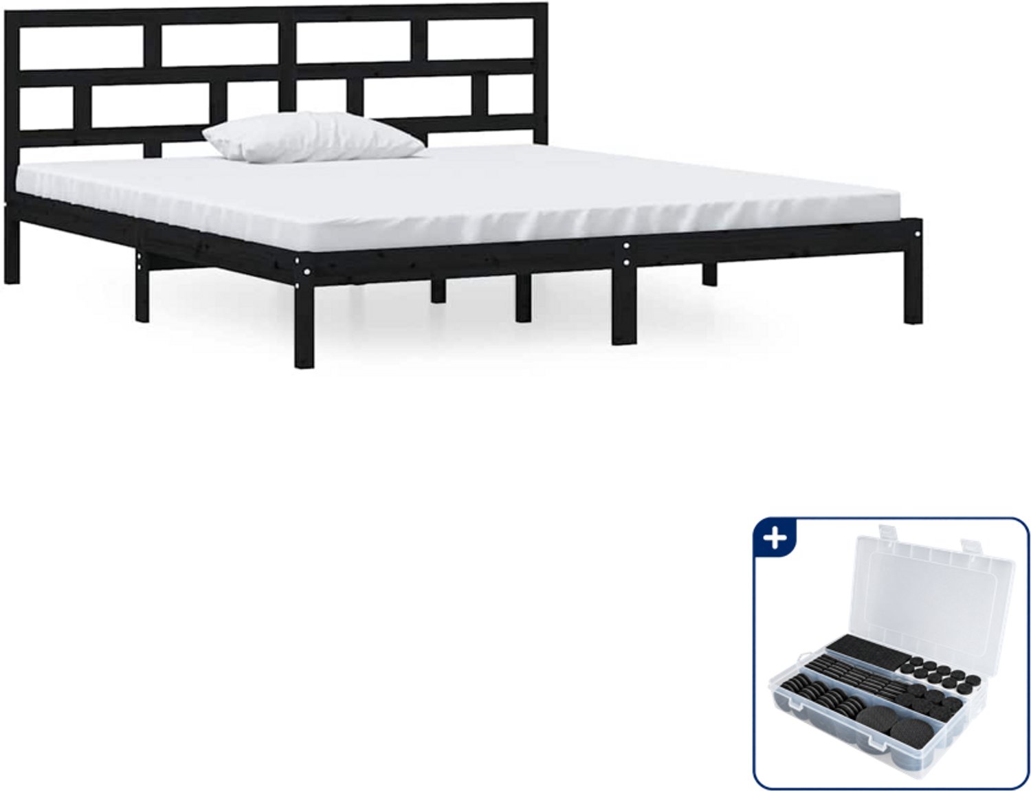 vidaXL bedframe - 140 x 190 cm - massief grenenhout - zwart - Inclusief antikrasvilt 177-delig